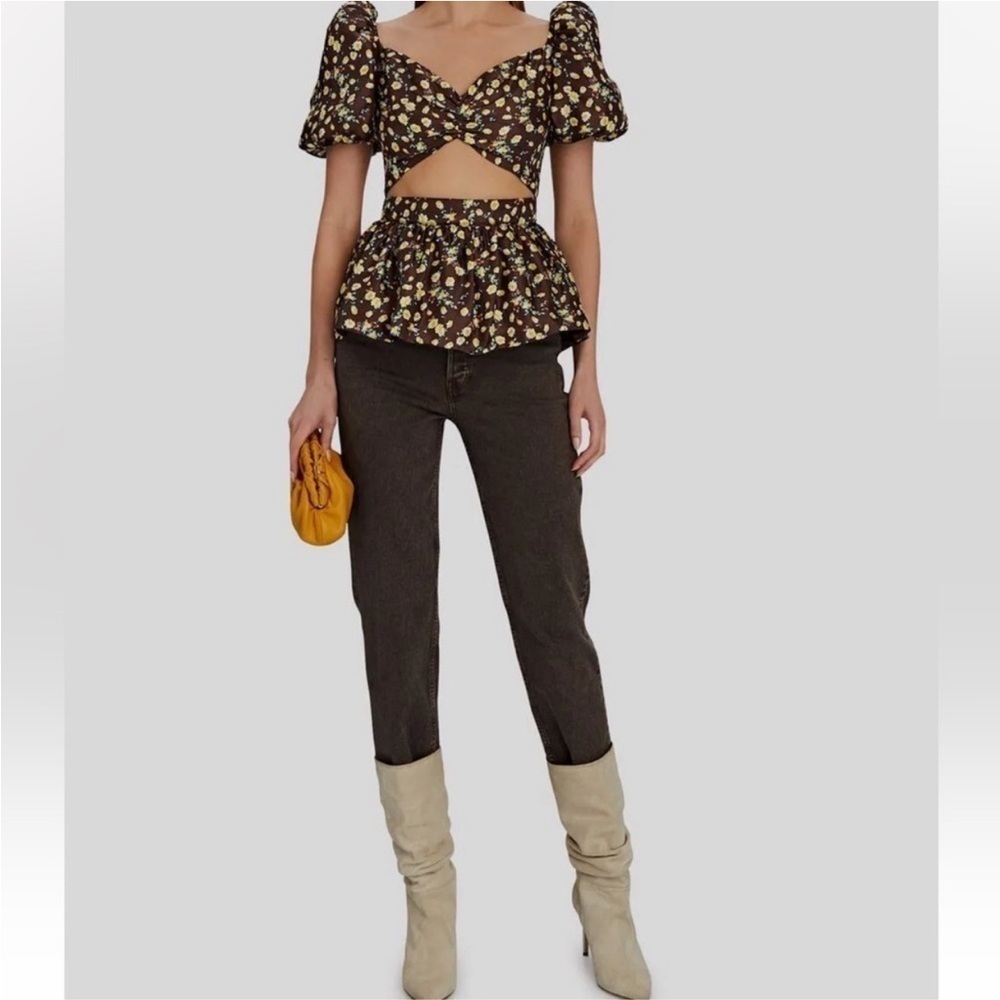 NWOT Autumn Adeigbo Bridgette Puff Sleeve Cut-Out Top Brown Yellow Floral - Picture 4 of 16